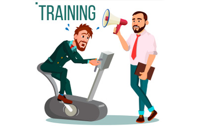 Business Training Concept Vector. Businessman Running On Exercise Bike. Office Worker. Hard Working. Teacher Shows Way. Suit. Seminar. Isolated Illustration