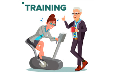 Business Training Concept Vector. Business Woman Running On Exercise Bike. Office Worker. Team Leader. Teacher Giving Lecture. Reporting&2C; Training Staff. Isolated Illustration