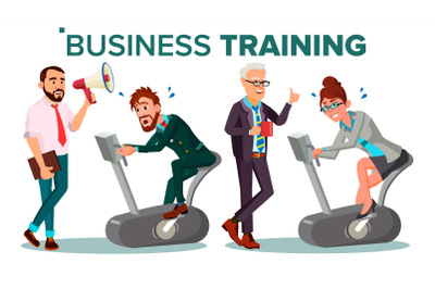 Business People Training Concept Vector. Businessman&2C; Woman Running On Exercise Bike. Office Worker. Hard Working. Teacher Shows Way. Suit. Seminar. Reporting&2C; Training Staff. Isolated Illustration