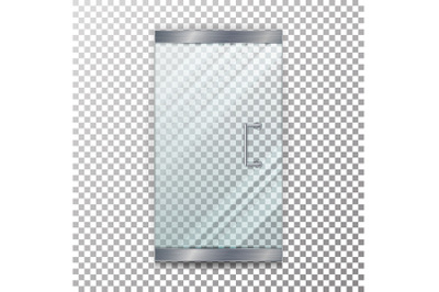 Glass Door Transparent Vector. Realistic Store Glass Door For Market And Fashion Boutique On Checkered Background