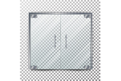 Glass Door Transparent Vector. Clear Glass Door Isolated On Transparent Checkered Background. Mock Up Entrance Door For Shop Or Fashion Boutique.