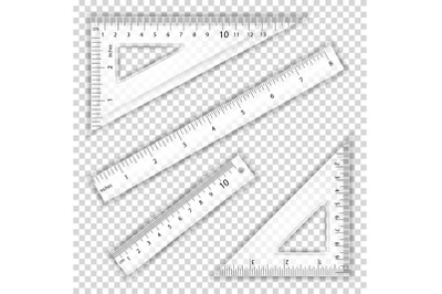 Transparent Ruler And Triangles Vector. Centimeter And Inch. Measure Tool Equipment Illustration. Several Instruments Variants, Proportional Scaled.