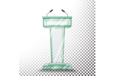 Transparent Glass Podium Tribune Vector. Rostrum Stand With Microphones. Isolated On Transparent Background Illustration. Business Presentation Speech