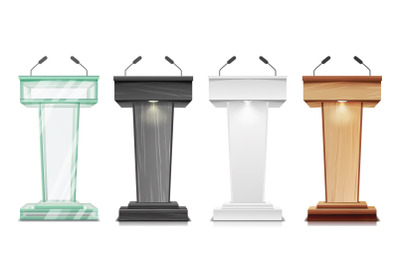 Tribune Set Vector. Podium Rostrum Stand With Microphones. Business Presentation Or Conference, Debate Speech Isolated Illustration