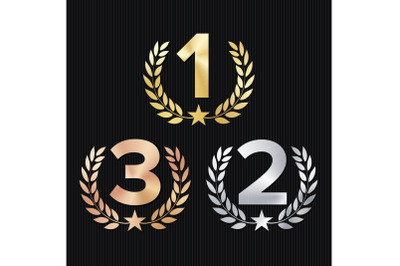 Trophy Award Set Vector. Figures 1, 2, 3 One, Two, Three In A Realistic Gold Silver Bronze Laurel Wreath And Red Ribbon. Competition Game Concept. Isolated On Black. Illustration