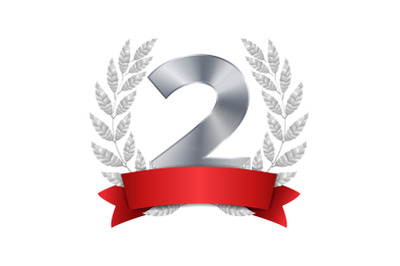 2nd Trophy Award Vector. Second Silver Placement Achievement. Figure 2 Two In A Realistic Silver Laurel Wreath. Red Ribbon. Isolated Illustration