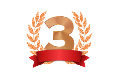 3rd Trophy Award Vector. Third Bronze Placement Achievement. Figure 3 Three In A Realistic Bronze Laurel Wreath. Red Ribbon. Isolated Illustration