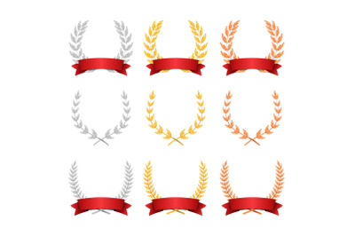 Laurel Wreath Trophy Set Vector. Award Placement Achievement. Realistic Gold Silver Bronze Laurel Wreath. Red Ribbon. Winner Honor Prize. Isolated Illustration