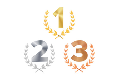 Trophy Award Set Vector. Award. Figures 1, 2, 3 One, Two, Three In A Realistic Gold Silver Bronze Laurel Wreath. Winner Trophy Award. Isolated Illustration