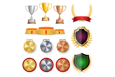 Ceremony Winner Honor Prize. Trophy Awards Cups, Golden Laurel Wreath With Red Ribbon And Gold Shield, Medals Template, Sports Placement Podium. 1st, 2nd, 3rd Place. Isolated. Vector Illustration