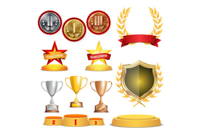 Trophy Awards Cups, Golden Laurel Wreath With Red Ribbon And Gold Shield. Realistic Golden, Silver, Bronze Achievement Medals. Sports Placement Podium. Isolated Vector Illustration