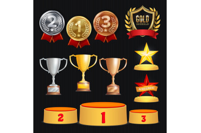 Award Trophies Vector Set. Achievement For 1st, 2nd, 3rd Place Ranks. Ceremony Placement Podium. Golden, Silver, Bronze Achievement. Championship Stars. Laurel Wreath With Gold Shield