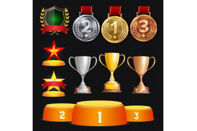 Vector Awards And Trophies Collection. Golden Badges And Labels. Championship Design. 1st, 2nd, 3rd Place. Golden, Silver, Bronze Achievement. Badge, Medal.