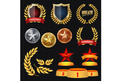 Vector Awards And Trophies Collection. Golden Badges And Labels. Championship Design. 1st, 2nd, 3rd Place. Golden, Silver, Bronze Achievement. Badge, Medal.