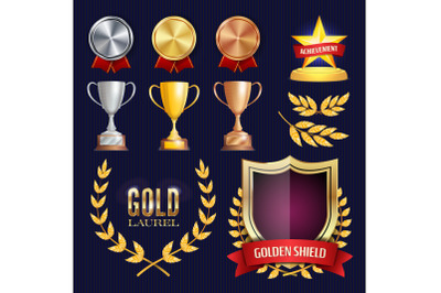 Vector Awards And Trophies Collection. Golden Badges And Labels. Championship Design. 1st, 2nd, 3rd Place. Golden, Silver, Bronze Achievement. Empty Badge, Medal Blank.