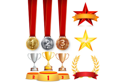 Trophy Awards Cups, Golden Laurel Wreath With Red Ribbon And Gold Shield. Realistic Golden, Silver, Bronze Achievement Medals. Sports Placement Podium. Isolated Vector Illustration