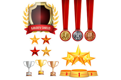 Trophy Awards Cups, Golden Laurel Wreath With Red Ribbon. Realistic Golden, Silver, Bronze Achievement Medals. Sports Placement Podium. Isolated Vector Illustration