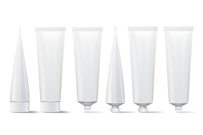 Cosmetic Tube Set. Vector Mock Up. Cosmetic&2C; Cream&2C; Tooth Paste&2C; Glue White Plastic Tubes Open And Closed Set Packaging Realistic Illustration. Isolated