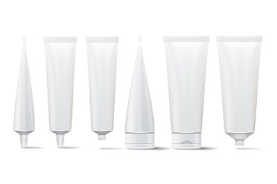 Cosmetic Tube Set. Vector Mock Up. Cosmetic&2C; Cream&2C; Tooth Paste&2C; Glue White Plastic Tubes Open And Closed Set Packaging Realistic Illustration. Isolated