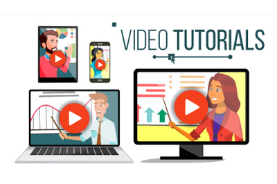 Video Tutorial Vector. Streaming Application. Online Education. Broadcasting. Conference Or Webinar. Distance Knowledge Growth. Phone, Laptop, Notepad, Monitor. Webinar Training. Flat Illustration