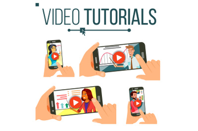 Video Tutorial Set Vector. Streaming Video. Online Education. Study And Learning Background. Business Concept. Internet Services. Webinar. Mobile. Online Screen With Player. Flat Isolated Illustration