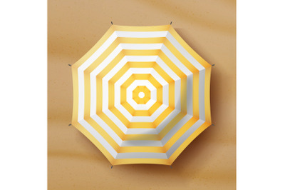 Beach Umbrella Vector. Realistic Parasol Icon. Sand Background. Relax Illustration.