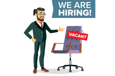 Recruitment Process Vector. Human Resources, Career. Businessman Choice Of Employee. Office Chair, Workplace. Vacancy Announcement. Commercial Recruiting, Hiring, HR. Isolated Illustration