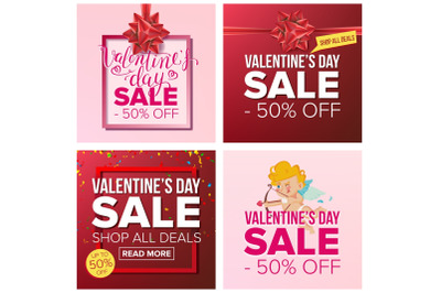 Valentine s Day Sale Banner Set Vector. Cartoon Business Brochure Illustration. February 14 Mega Sale Design Concept. Template For Valentine Sale Brochure&2C; Love Poster&2C; Discount Offer Advertising