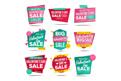 Valentine s Day Sale Banners Set Vector. Up To 50 Percent Off Badge. Love Sale Poster. February 14 Discounts Poster. Isolated Illustration