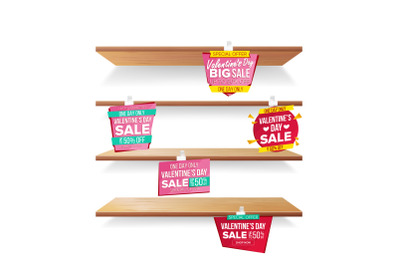 Supermarket Shelves, Valentine s Day Sale Advertising Wobblers Vector. Retail Sticker Concept. Mega Sale Design Concept. February 14 Best Offer. Discount Sticker. Love Sale Banners. Isolated