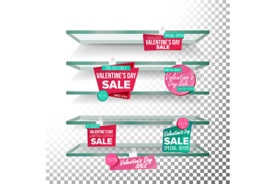 Empty Supermarket Shelves, Valentine s Day Sale Wobblers Vector. Price Tag Labels. Big Sale Banner. February 14 Selling Card. Discount Sticker. Love Sale Banners. Isolated Illustration