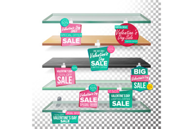 Empty Shelves, Valentine s Day Sale Advertising Wobblers Vector. Retail Concept. Big Sale Banner. February 14 Discount Sticker. Love Sale Banners. Isolated Illustration