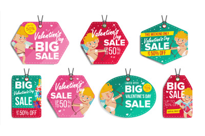 Valentine s Day Sale Tags Vector. Colorful Shopping Discounts Stickers. Cupid. Love Discount Concept. Season February 14 Sale Red, Green Banners. Promotion Illustration