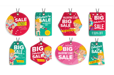 Valentine s Day Sale Tags Vector. Flat February 14 Special Offer Love Stickers. Cupid. 50 Off Text. Hanging Red&2C; Green Banners With Half Price. Modern Illustration