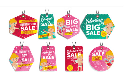 Valentine s Day Theme Sale Tags Vector. Flat Paper Hanging Love Stickers. Cupid. February 14 Discount Hanging Banners For Holiday Discount Promotion. Winter Illustration