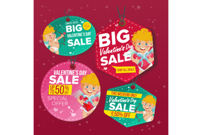 Valentine s Day Sale Love Tags Vector. Flat February 14 Special Offer Stickers. Cupid. 50 Off Text. Hanging Sale Banners With Half Price. Modern Illustration