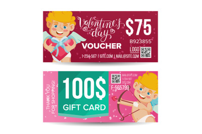 Valentine s Day Voucher Design Vector. Horizontal Discount. February 14. Valentine Cupid And Gifts. Love Advertisement. Marketing Red Illustration