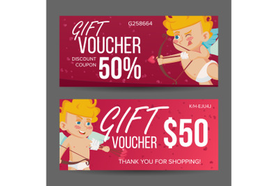 Valentine s Day Voucher Vector. Horizontal Free Banner. February 14. Valentine Cupid And Gifts. Love Advertisement. Cute Gift Red Illustration