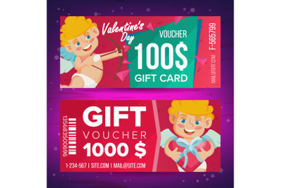 Valentine s Day Gift Voucher Vector. Horizontal Coupon. February 14. Valentine Cupid And Gifts. Shopping Advertisement. Business Love Gift Red Illustration