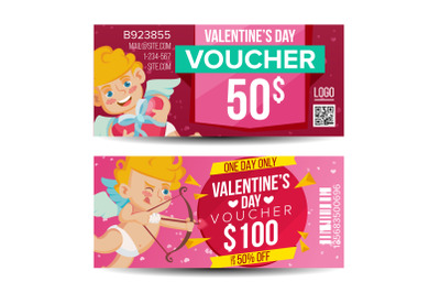 Valentine s Day Voucher Coupon Template Vector. Horizontal Leaflet Offer. February 14. Valentine Cupid And Gifts. Promotion Love Advertisement. Free Gift Red Illustration