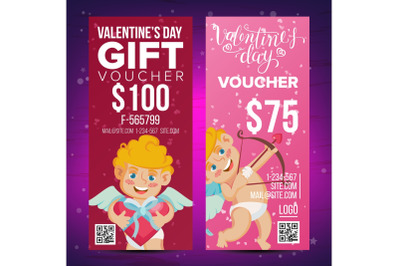 Valentine s Day Voucher Design Vector. Vertical Discount. February 14. Valentine Cupid And Gifts. Love Advertisement. Marketing Red Illustration