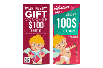 Valentine s Day Voucher Template Vector. Vertical Free Card. February 14. Valentine Cupid And Gifts. Holidays Love Advertisement. Gift Certificate Red Illustration