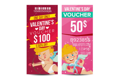 Valentine s Day Voucher Vector. Vertical Free Banner. February 14. Valentine Cupid And Gifts. Love Advertisement. Cute Gift Red Illustration