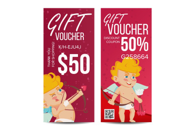 Valentine s Day Gift Voucher Vector. Vertical Coupon. February 14. Valentine Cupid And Gifts. Shopping Advertisement. Business Love Gift Red Illustration