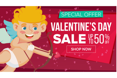 Valentine s Day Sale Banner Vector. Cute Cupid&2C; Amour. Wallpaper&2C; Flyer&2C; Invitation&2C; Poster&2C; Brochure. Sale Header. Limited Offer.Cartoon Business Brochure Illustration.