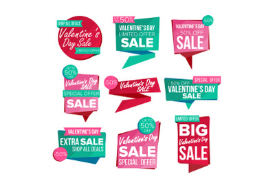 Valentine s Day Sale Banner Set Vector. February 14 Sale Voucher Banner. Website Stickers, Love Web Page Design. Up To 50 Percent Off Valentine Badges. Isolated Illustration