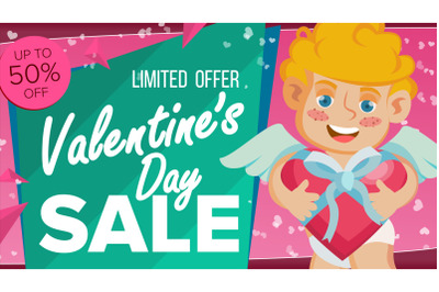 Valentine s Day Sale Banner Vector. Happy Cupid, Template Design For February 14 Poster, Brochure, Card, Shop Discount Advertising. Amour. Advertising Design Illustration.