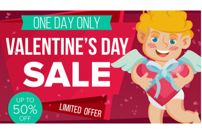 Valentine s Day Sale Banner Vector. Happy Cupid. Holidays Sale Announcement. Design For February 14 Banner, Brochure, Poster, Discount Offer. Best Clearance. Business Advertising Illustration.