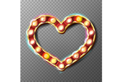 Golden Heart Frame Sign Vector. Glowing Light Bulbs. Isolated On Transparent Background