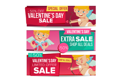 Valentine s Day Sale Banner Set Vector. February 14 Cupid. Valentine Online Shopping. Horizontal Discount Banners. Love Promo Sale Banner Tag. Romantic Price Offer Labels. Isolated Illustration